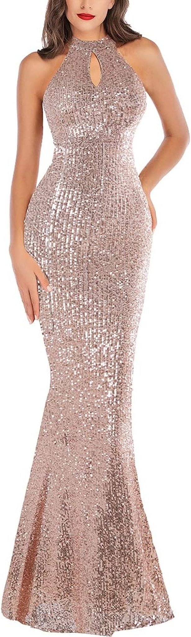 Women Evening Party Dress Sequin Sleeveless Dress Halter Neck Maxi Long Dress Formal Party Prom Gowns - Street Rider Apparel