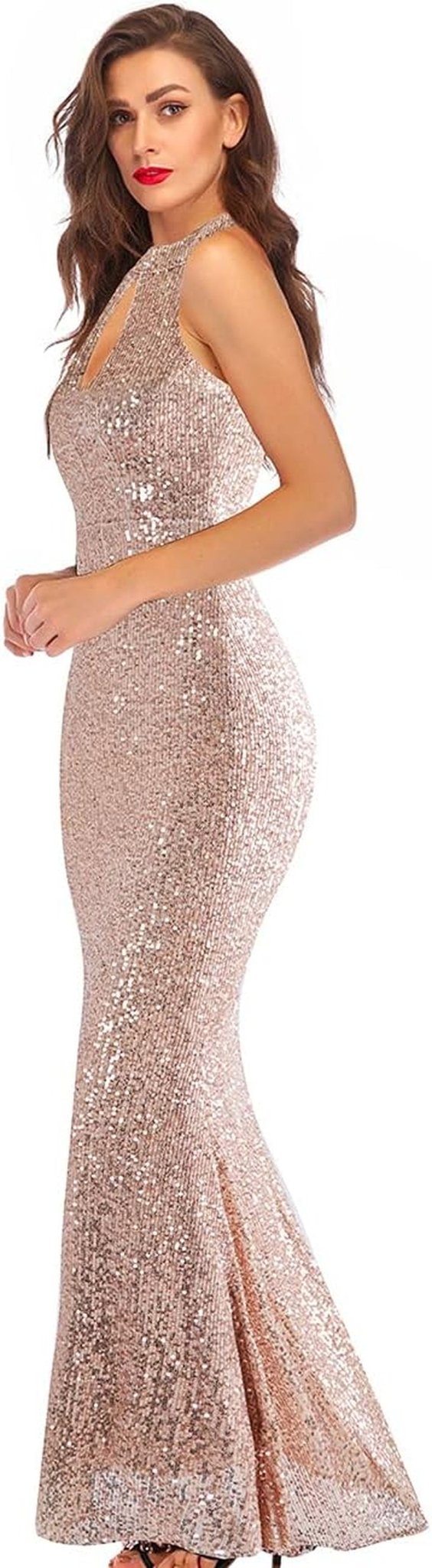 Women Evening Party Dress Sequin Sleeveless Dress Halter Neck Maxi Long Dress Formal Party Prom Gowns - Street Rider Apparel