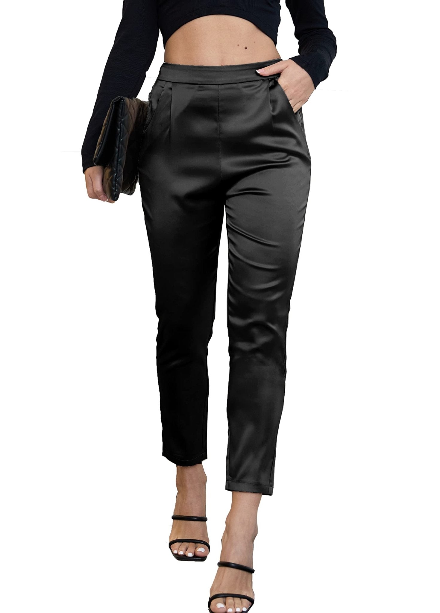 Women's Satin Silky Pants Dress Casual Pull on High Waist Pants with Pockets - Street Rider Apparel