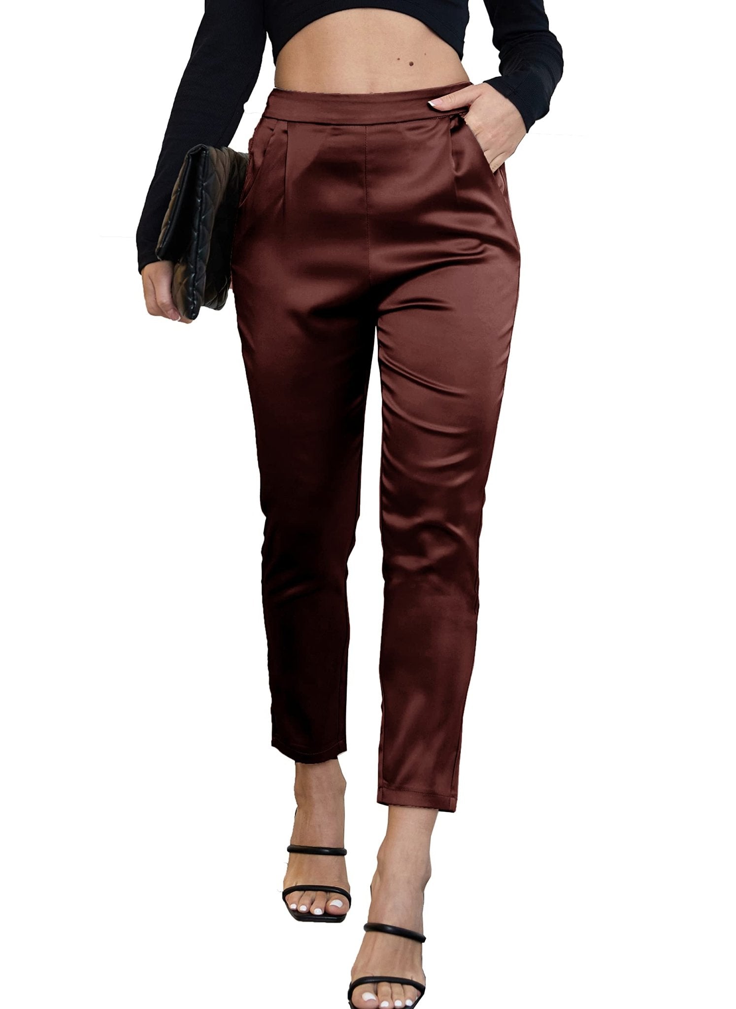 Women's Satin Silky Pants Dress Casual Pull on High Waist Pants with Pockets - Street Rider Apparel