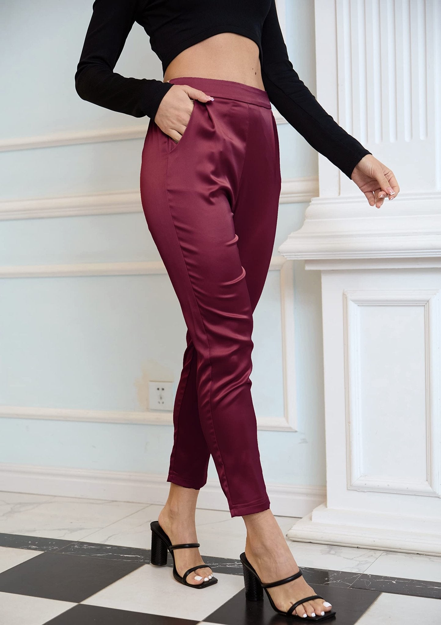 Women's Satin Silky Pants Dress Casual Pull on High Waist Pants with Pockets - Street Rider Apparel