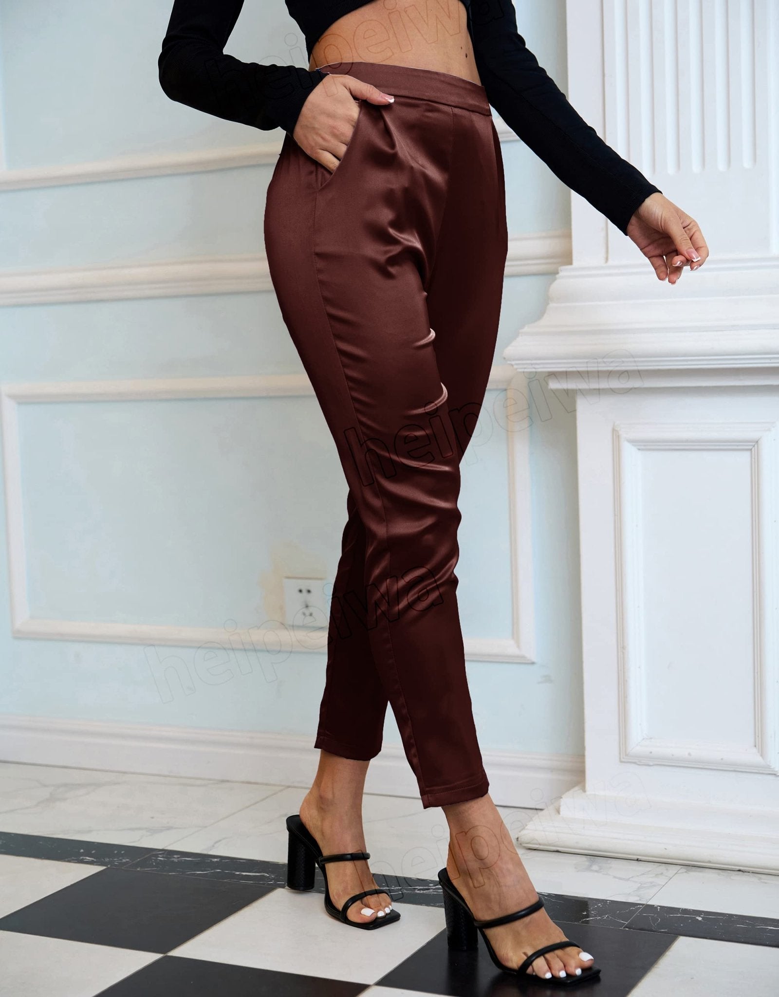 Women's Satin Silky Pants Dress Casual Pull on High Waist Pants with Pockets - Street Rider Apparel