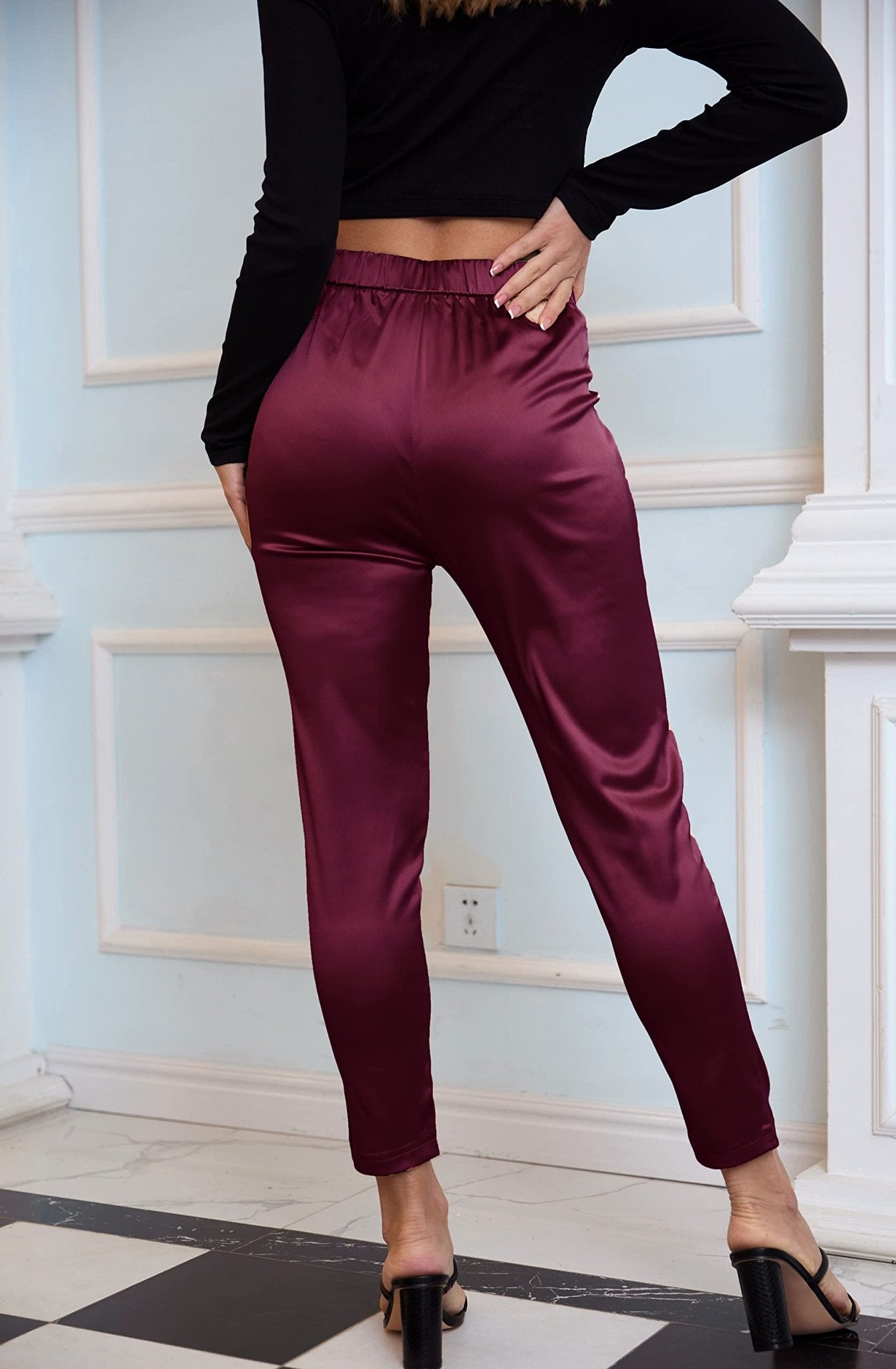 Women's Satin Silky Pants Dress Casual Pull on High Waist Pants with Pockets - Street Rider Apparel