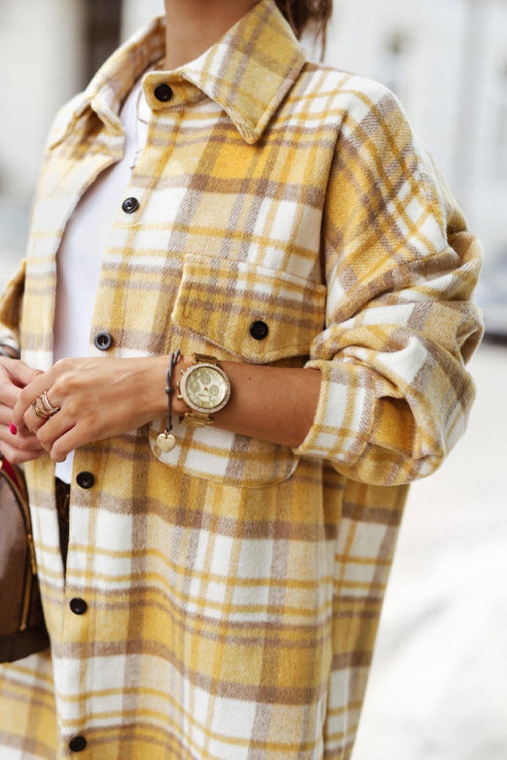 Yellow Plaid Print Flap Pocket Long Sleeve Shacket - Street Rider Apparel