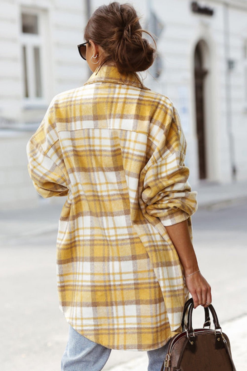 Yellow Plaid Print Flap Pocket Long Sleeve Shacket - Street Rider Apparel