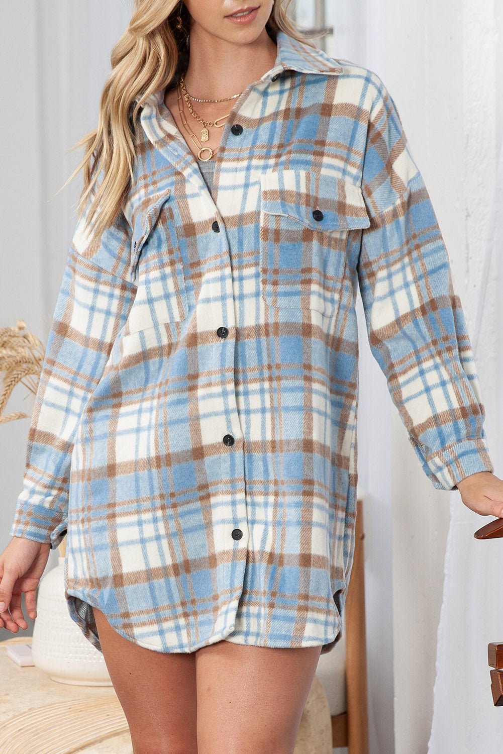 Yellow Plaid Print Flap Pocket Long Sleeve Shacket - Street Rider Apparel