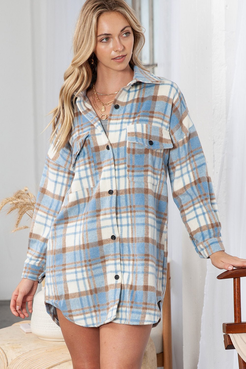 Yellow Plaid Print Flap Pocket Long Sleeve Shacket - Street Rider Apparel