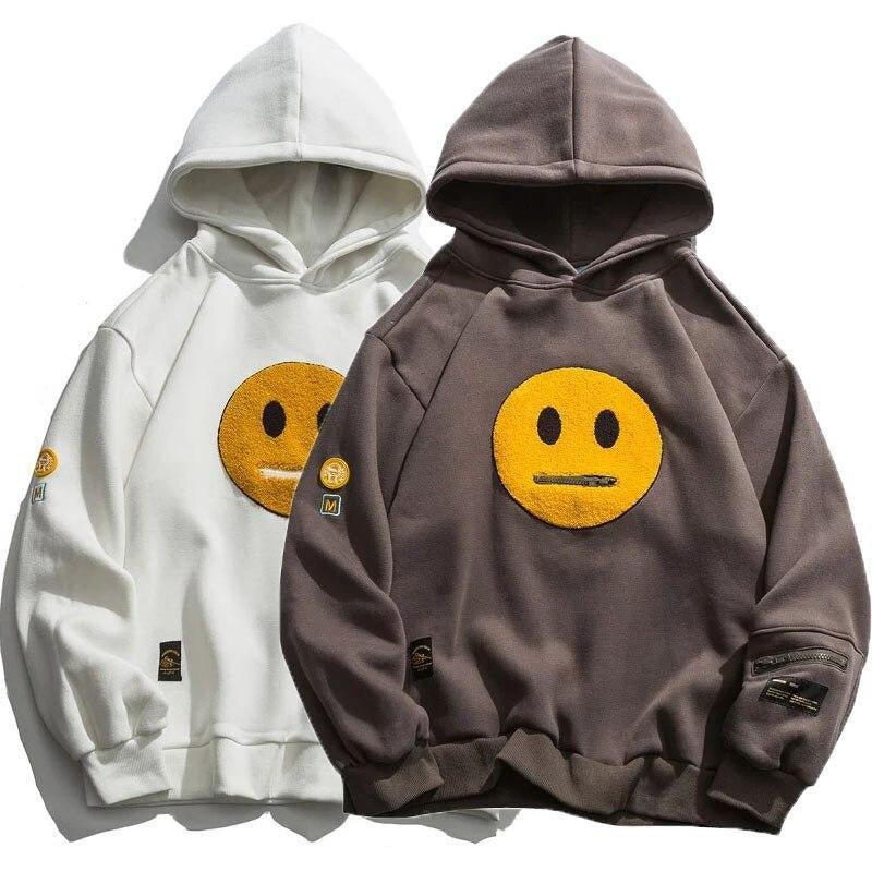 Zipper Pocket Smiley Face Patchwork Fleece Hoodies Sweatshirts Streetwear Mens Hoodie Casual Hooded Pullover Unisex Hoodie - Street Rider Apparel