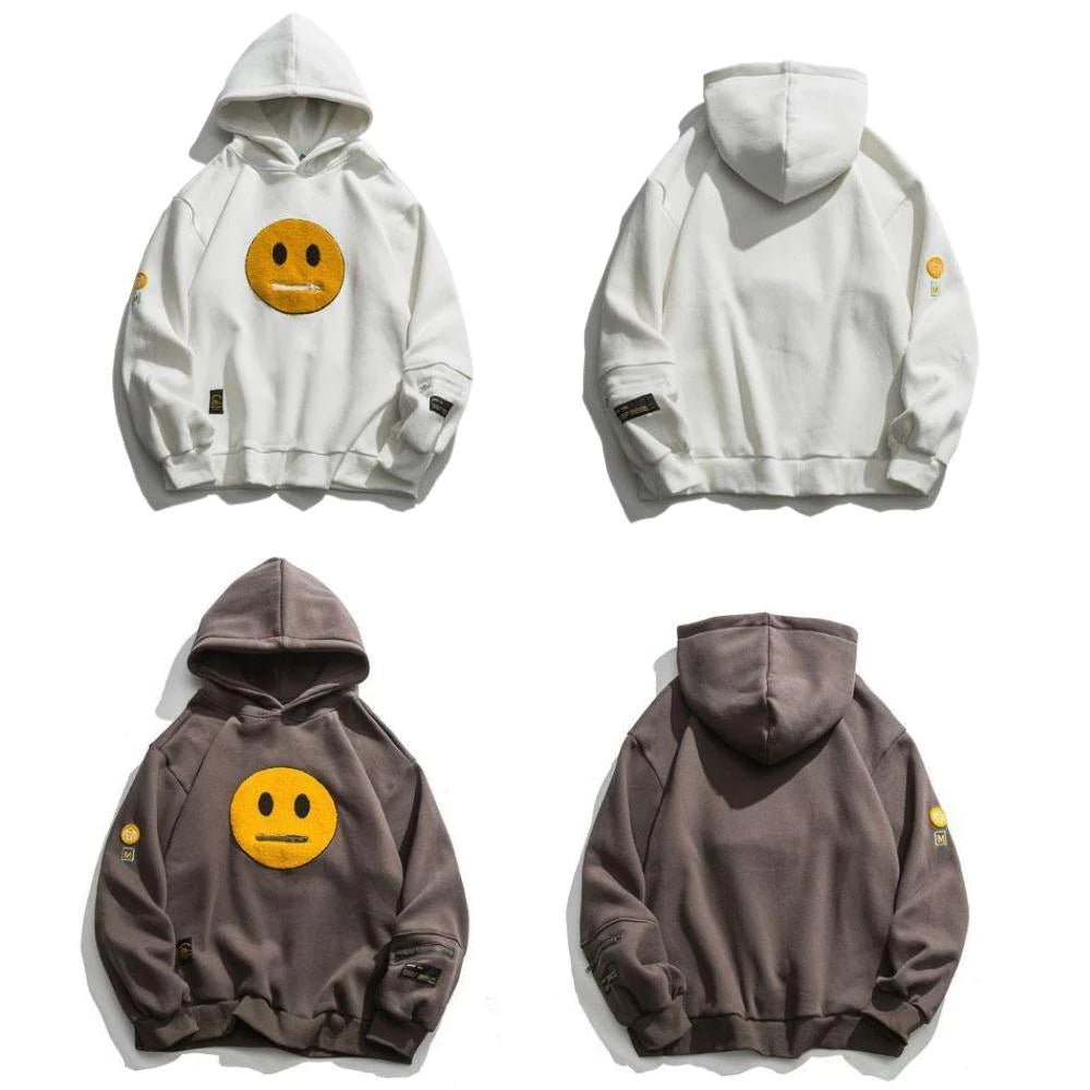 Zipper Pocket Smiley Face Patchwork Fleece Hoodies Sweatshirts Streetwear Mens Hoodie Casual Hooded Pullover Unisex Hoodie - Street Rider Apparel